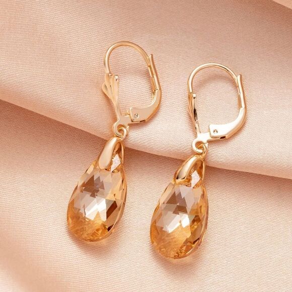 14K Yellow Gold and Champagne Topaz Austrian Crystal Teardrop Leverback Earrings - Picture 2 of 6